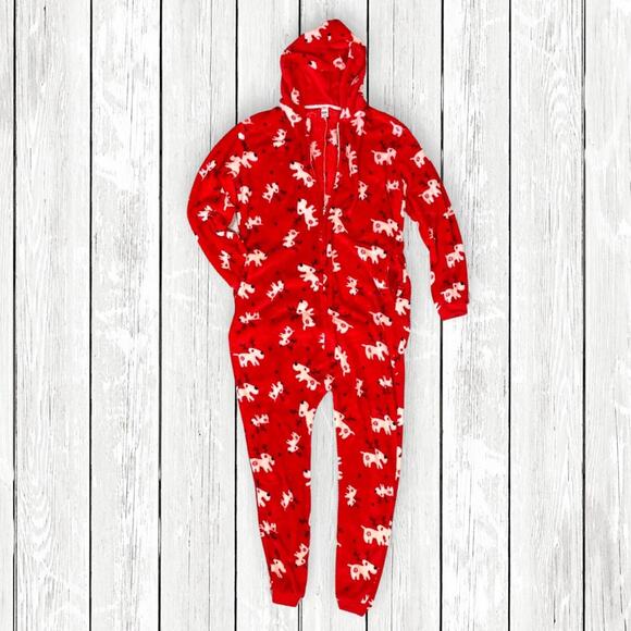 Red Christmas Onesie Pajama NWOT Women’s M Oversized Reindeer Holiday - Picture 3 of 9